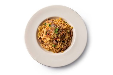 Sardalyalı spagetti ve çıtır ekmek kırıntıları, İtalyan makarnası. 