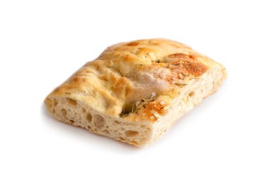 Ekstra saf zeytinyağı, tuz ve biberiye ve İtalyan ekmeği ile Focaccia dilimi