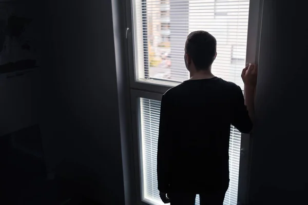 Lonely Man Looking Out Window Solitude Isolation Loneliness Concept Sad — Stock Photo, Image