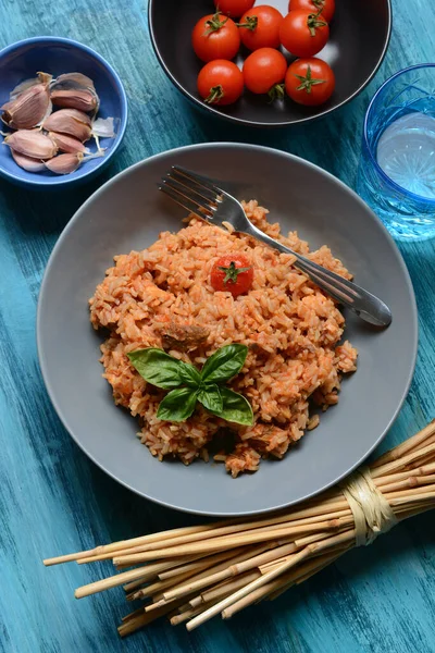 Risotto Mit Makrelensoße Italienisches Rezept Nahaufnahme — Stockfoto