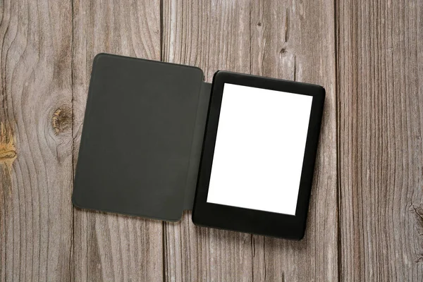 Electronic Book Wooden Table Blank Page Closeup Horizontal — Stock Photo, Image