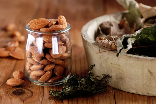 Shelled almonds in the jar — Stock Photo, Image
