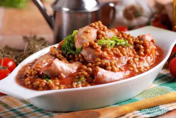 Sausage and lentils — Stock Photo, Image