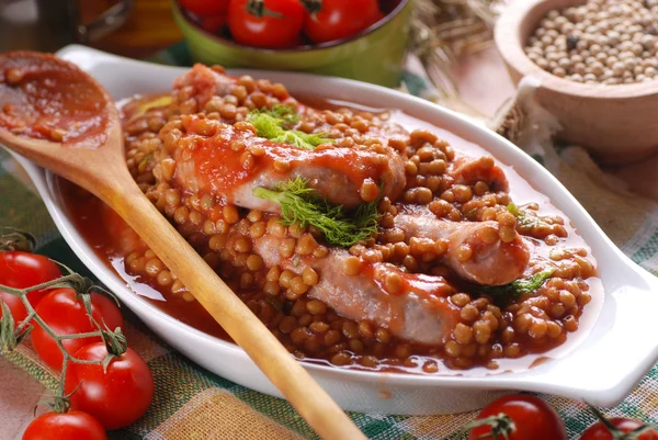Sausage and lentils — Stock Photo, Image