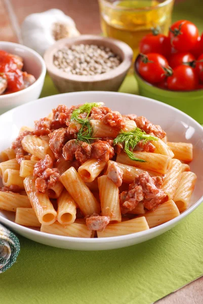 Pasta with sausage sauce — Stock Photo, Image