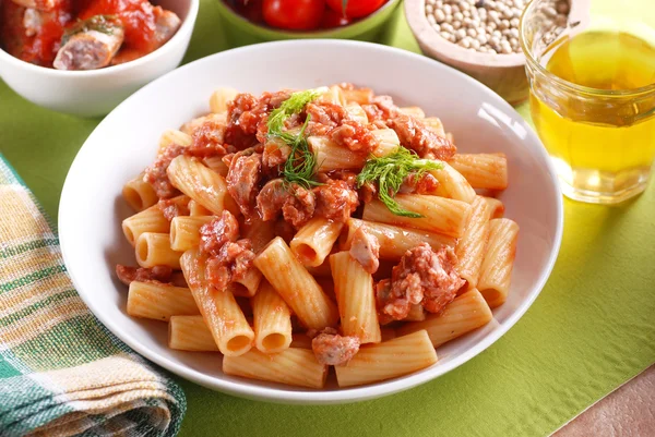 Pasta with sausage sauce — Stock Photo, Image