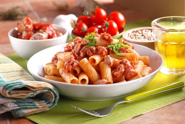 Pasta with sausage sauce — Stock Photo, Image