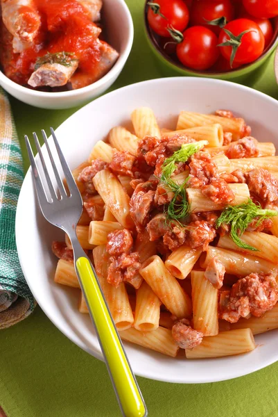 Pasta with sausage sauce — Stock Photo, Image