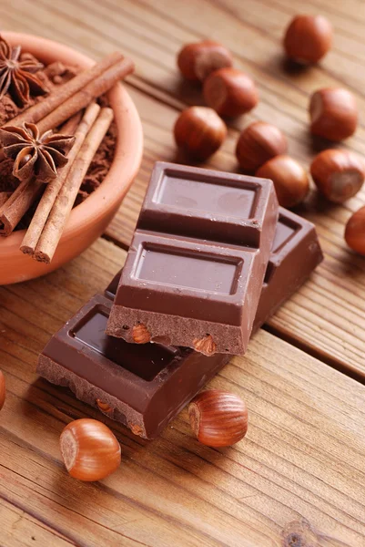 Chocolate and hazelnuts — Stock Photo, Image