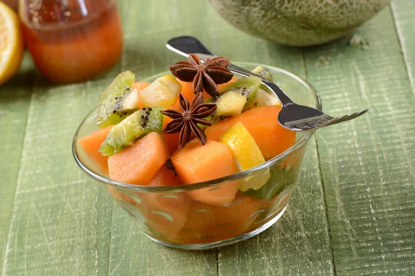 Fruit salad in the glass bowl — Stock Photo, Image