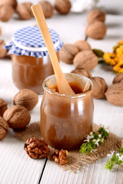 Walnut jam in jar — Stock Photo, Image