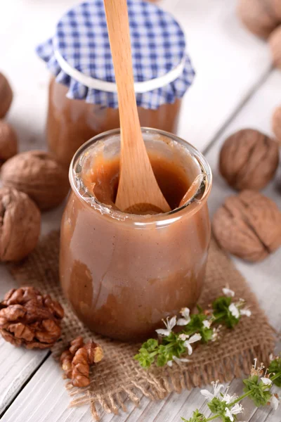 Walnut jam in jar — Stock Photo, Image