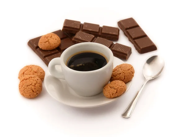 Italian espresso with amaretto biscuits and chocolate pieces — Stock Photo, Image