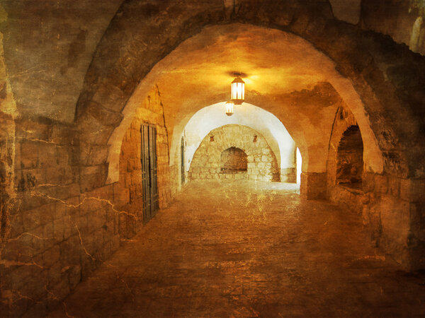 Ancient Alley in Jewish Quarter, Jerusalem. Israel. Photo in old color image style.