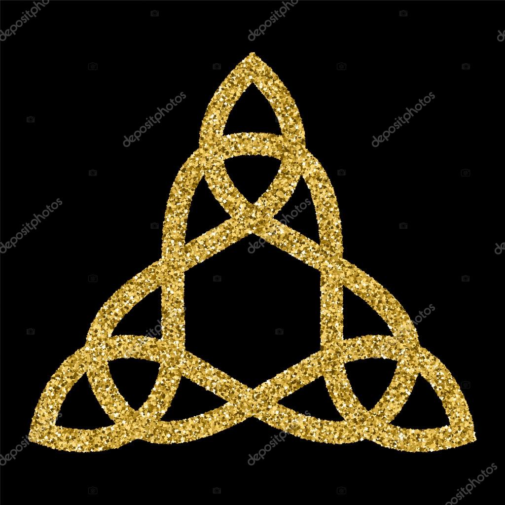 Golden glittering logo template in Celtic knots style on black background. Triangular symbol. Gold ornament for jewelry design.