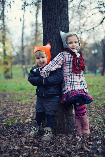 Piccolo bel ragazzo e ragazza nel parco autunnale — Foto Stock