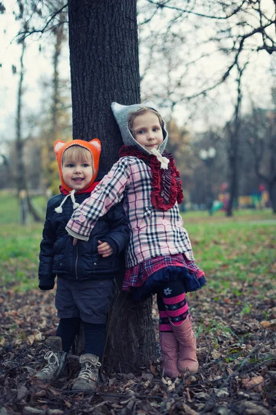 Pequeno menino e menina bonita no parque de outono — Fotografia de Stock