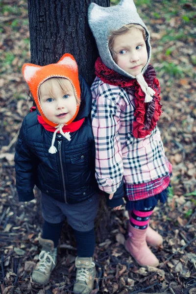 Piccolo bel ragazzo e ragazza nel parco autunnale — Foto Stock