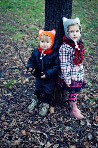 Pequeño hermoso niño y niña en el parque de otoño —  Fotos de Stock