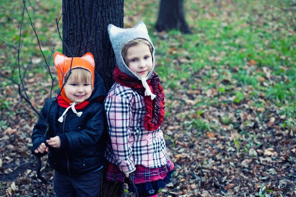 Маленький красивий хлопчик і дівчинка в осінньому парку — стокове фото