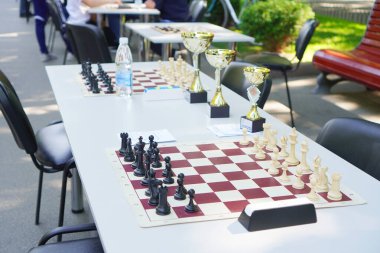 Parkta açık havada satranç oynamak. Satranç oynayan masa açık havada duruyor..