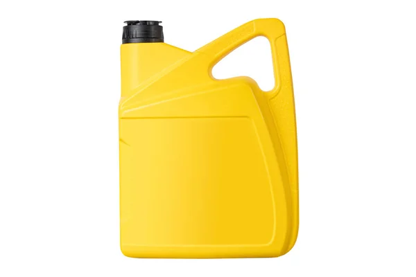 Gele Olie Plastic Bus Met Zwarte Dop Geïsoleerd Wit — Stockfoto