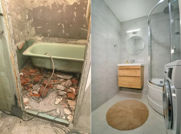 Apartment renovation. A bathroom before and after refurbishment works.