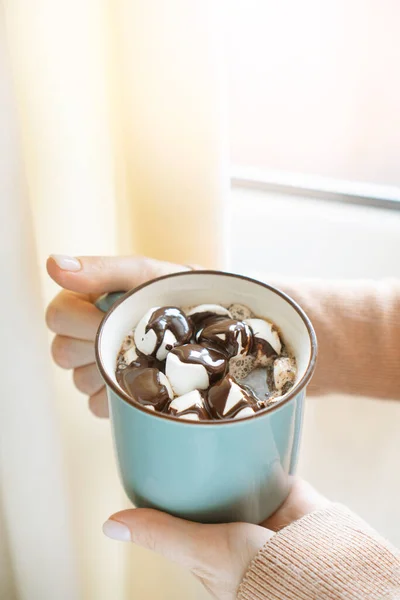 Female Hands Holding Cup Tasty Coffee Sunny Window — Stock Photo, Image
