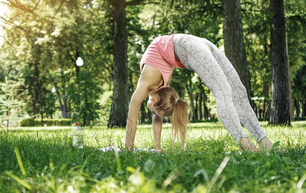 Ćwiczenia Kobiet Yogi Parku Miejskim Stanowisko Mostka — Zdjęcie stockowe