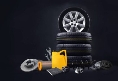 Yeni lastikler, motor yağı şişesi ve yedek parçalarla araba bakımı ve onarımı.
