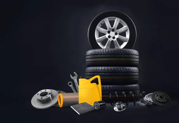 Yeni Lastikler Motor Yağı Şişesi Yedek Parçalarla Araba Bakımı Onarımı — Stok fotoğraf