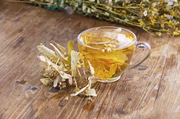 Cup Lime Tea Honey Dried Linden Flowers Used Folk Medicine — Stock Photo, Image