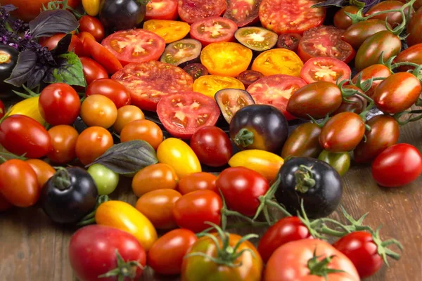 Bürsten Sie Frische Tomaten Verschiedenen Farben Aus Nächster Nähe Ernte — Stockfoto