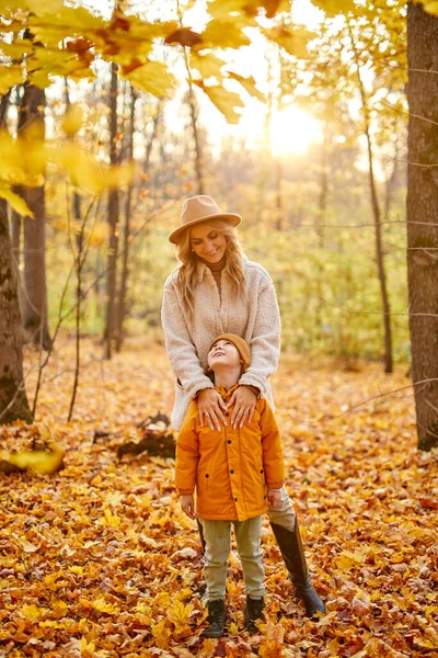 Ibu dengan anak laki-laki di kuning dan emas musim gugur hutan — Stok Foto