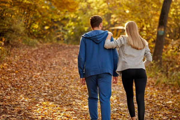 Vue arrière sur un jeune couple romantique profitant d'une promenade dans la forêt ensoleillée d'automne — Photo