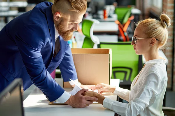 Sexual harassment in business office by bearded boss — Stock Photo, Image