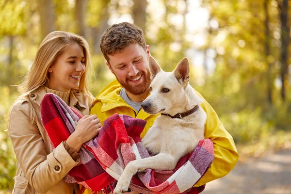 楽観的な白人カップルは自然界でかわいい白い犬と一緒に歩くのを楽しむ — ストック写真