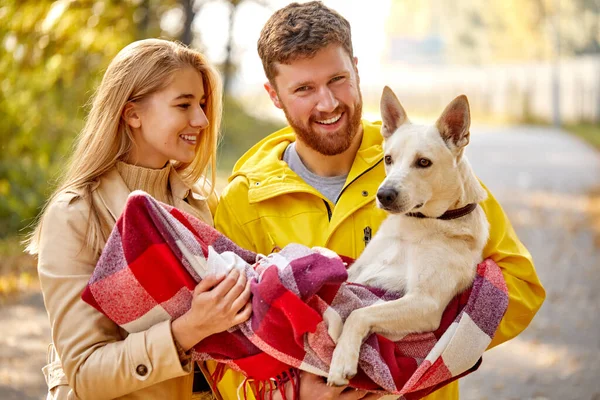 Casal caucasiano positivo gosta de andar com cão branco bonito na natureza — Fotografia de Stock