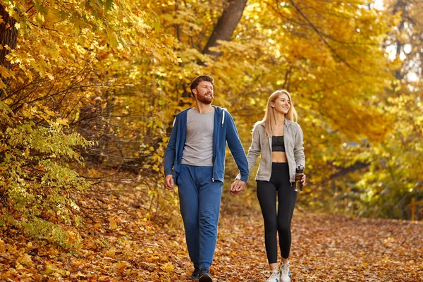 Romantik genç çift sonbahar güneşli ormanlarda yürüyüşün tadını çıkarıyor. — Stok fotoğraf