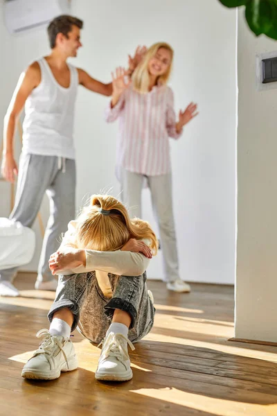 Family problem, father and mather is fighting quarrelling but daughter very sad — Stock Photo, Image