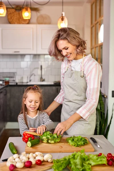 Portrait of caucasian family mother with daughter cooking together — Stock Photo, Image