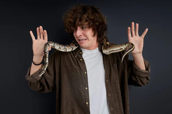Людина намагається зберігати спокій, поки екзотична змія повзе на нього — стокове фото
