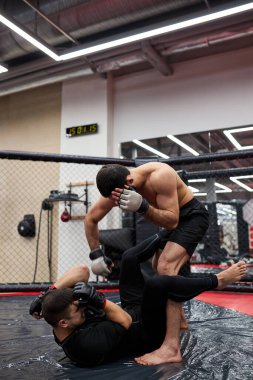 İki güreşçi boyun eğme güreşi yapıyor. Dövüş teknikleri üzerinde çalış.