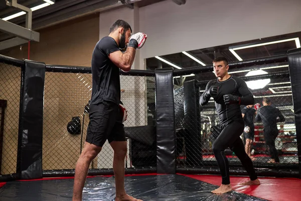 Entrenamiento fuerte del luchador o del luchador confiado con el luchador profesional de MMA en el gimnasio en el anillo —  Fotos de Stock