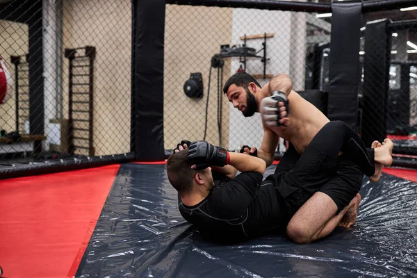 Agresivo luchador MMA golpeando oponente en el suelo en la estera en el gimnasio, durante la pelea sin reglas —  Fotos de Stock