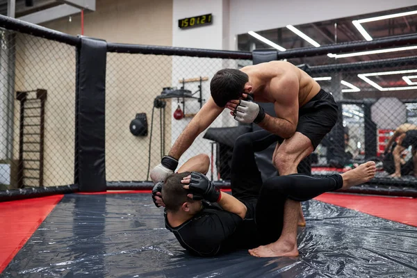 MMA. Dos jóvenes boxeadores profesionales de boxeo, en forma de atletas caucásicos musculosos luchando — Foto de Stock