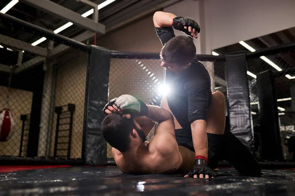 Svalnaté MMA boxerky bojovníci bojovat v bojích bez pravidel v ringu oktagony — Stock fotografie