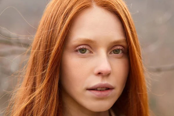 Ao ar livre close-up retrato de sensual calma ruiva fêmea com cabelos longos, sem maquiagem — Fotografia de Stock