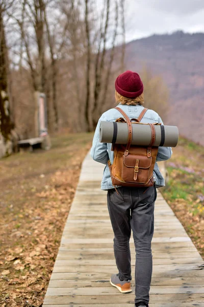 Man Walking Ensam Camping Wanderlust koncept, Bakifrån På Guy I Casual Wear Traveling — Stockfoto