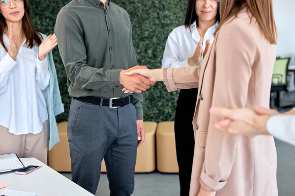 Los empresarios exitosos líderes de los partidos de negocios estrechando la mano, foto recortada — Foto de Stock